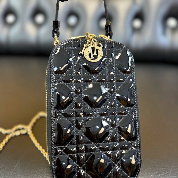 Lady Dior Call'in Dior Phone Holder Crossbody Black Patent Cannage Calfskin phon - Picture 8 of 13